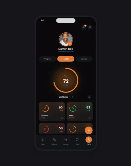 NOWFit member app showing live Sahha wellbeing, activity, and sleep scores updating automatically from a wearable