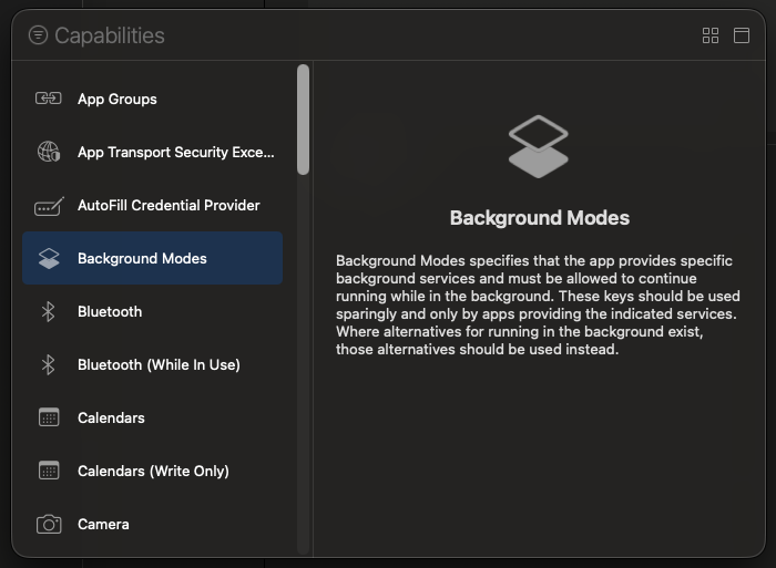 Selecting Background Modes from the Capabilities library