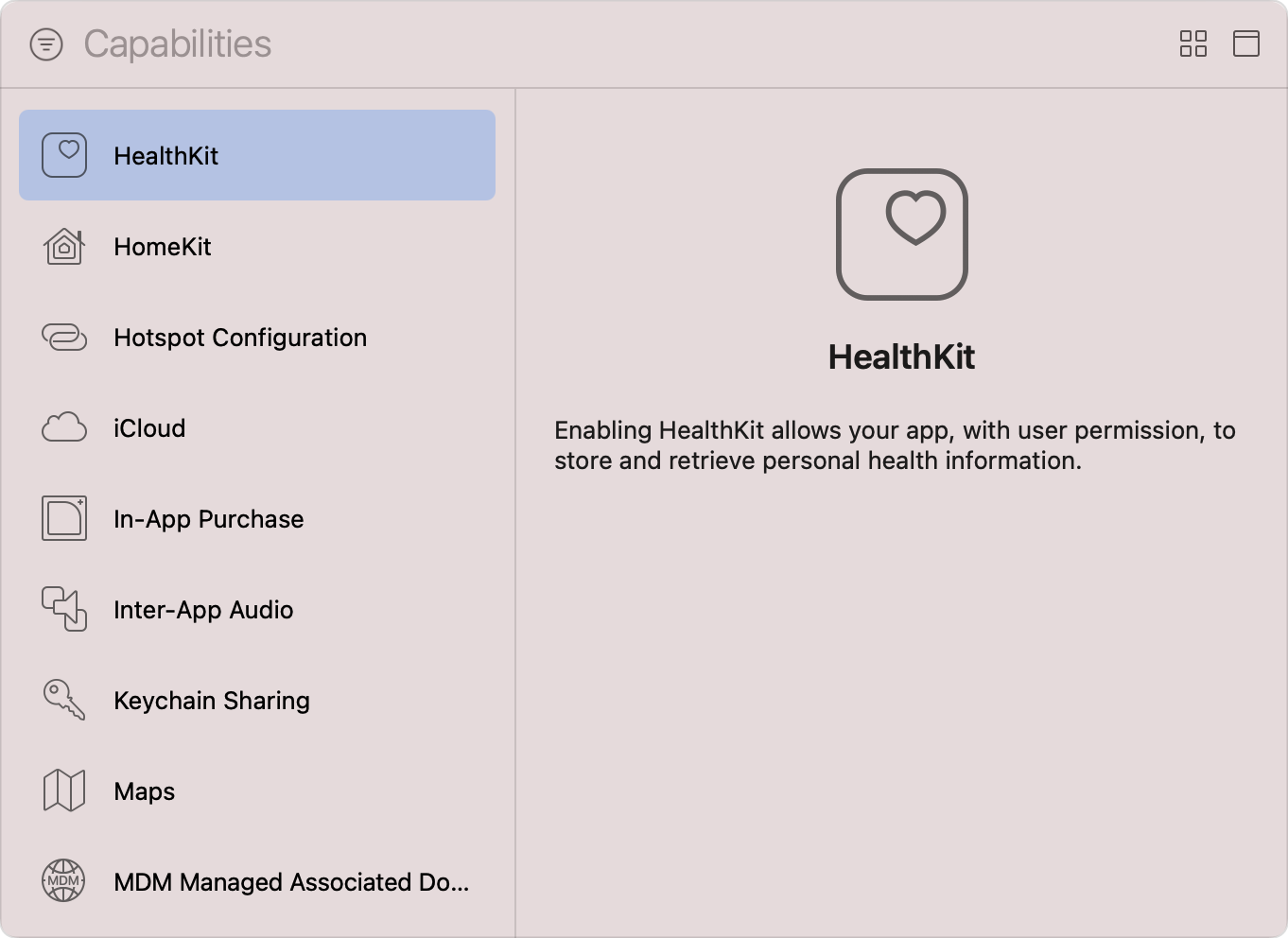 Selecting HealthKit from the Capabilities library