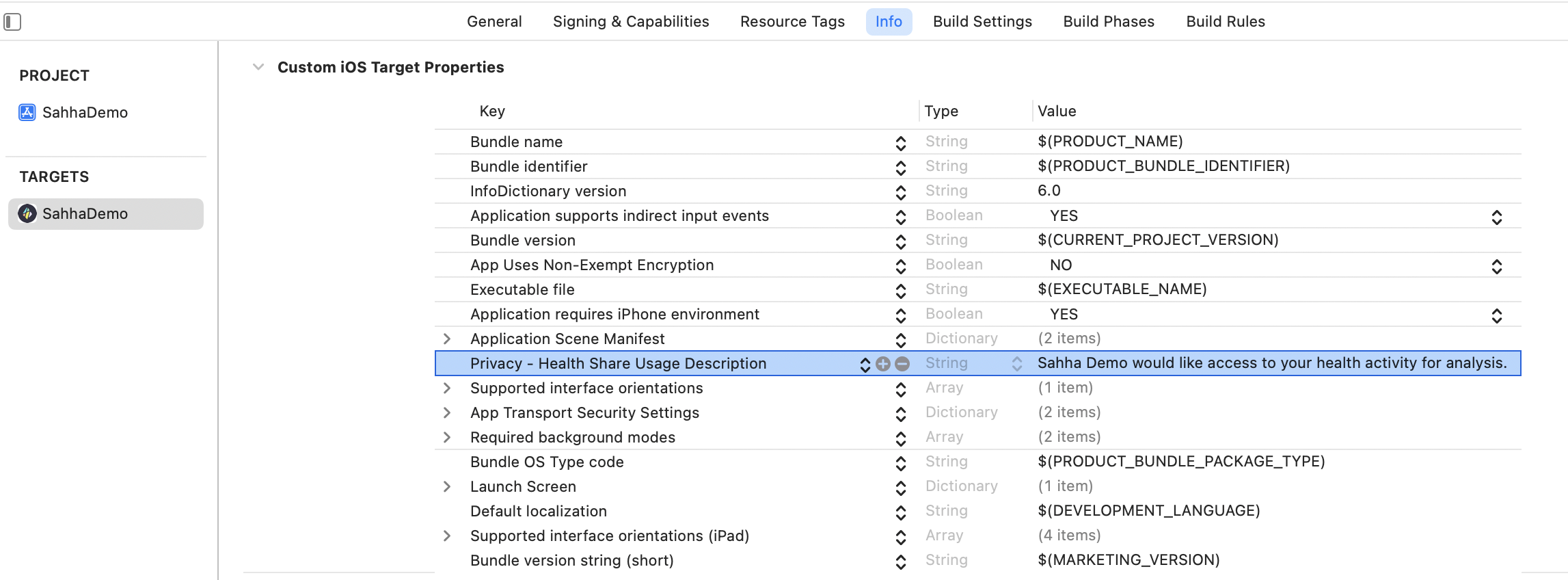 Info tab showing Privacy usage description keys