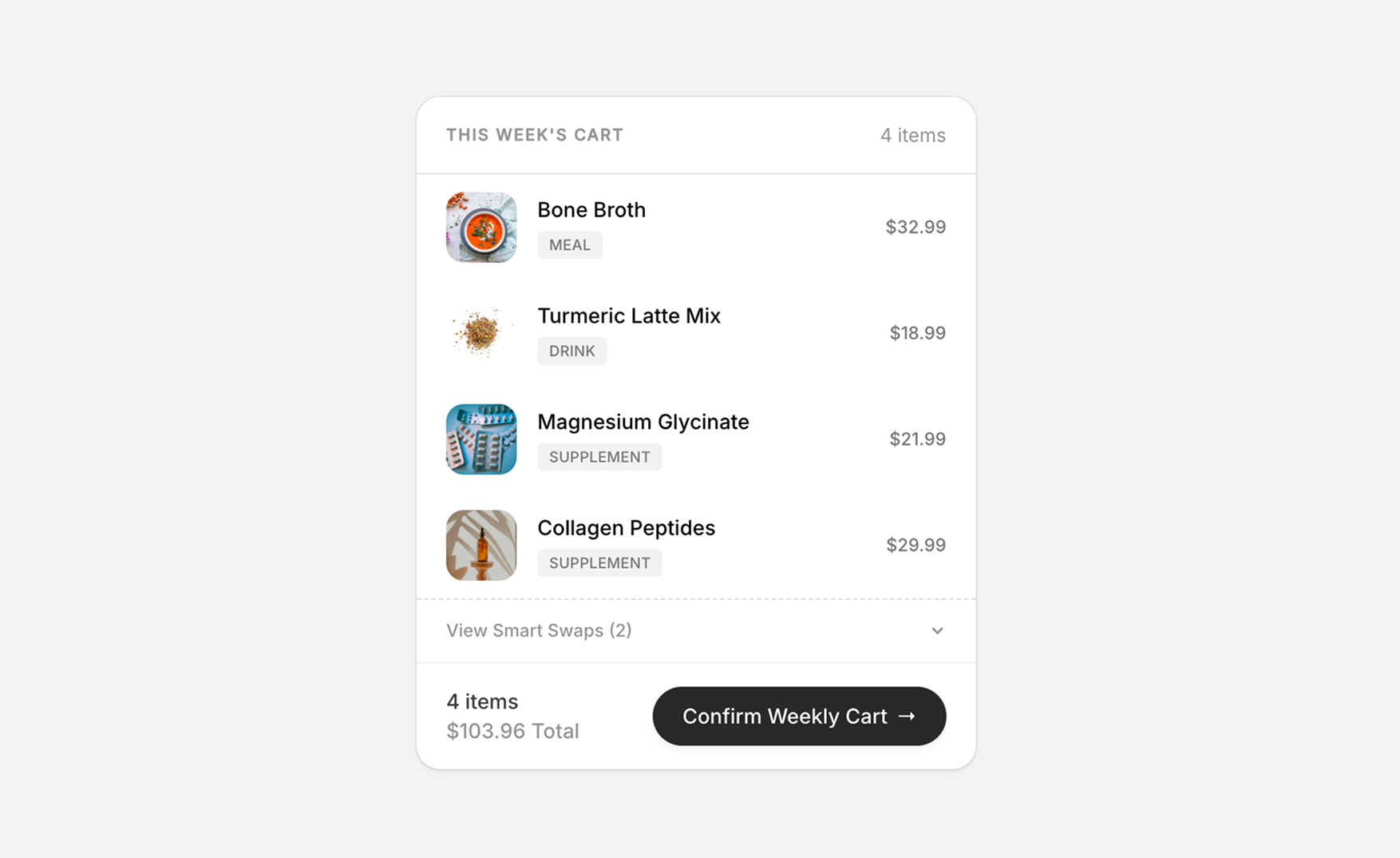 A smart cart bundle built for a high-training health state — four products auto-selected from the catalog based on Sahha scores and archetypes.
